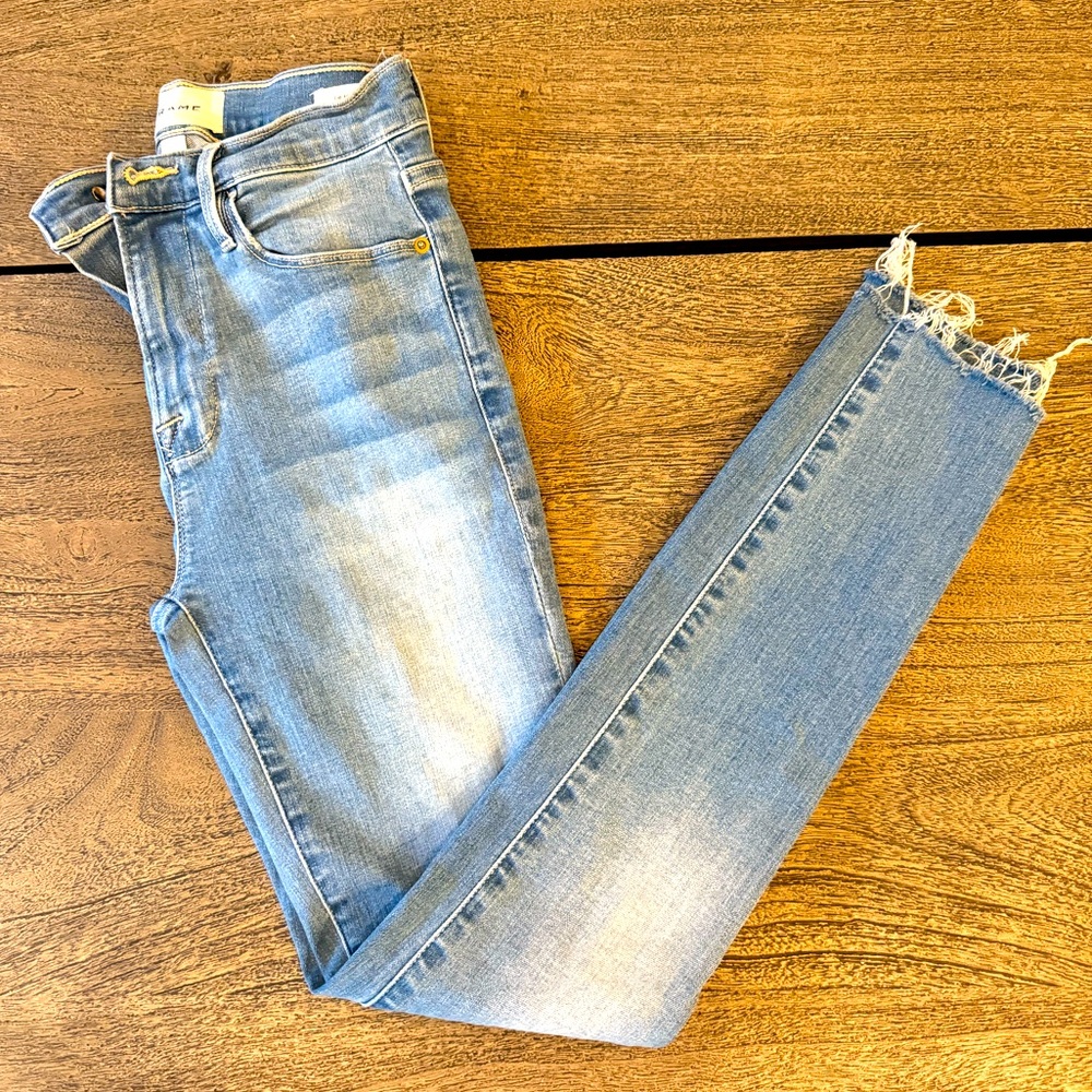 Frame brand, Light wash skinny jeans; raw hem #skinnyjeans